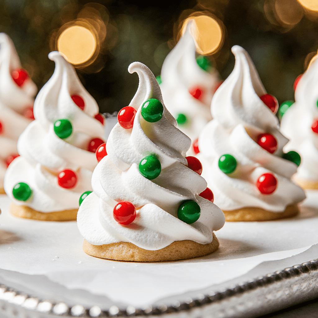 Meringues en forme de sapins décorés de perles sucrées blanches et rouges sur une plaque de cuisson.