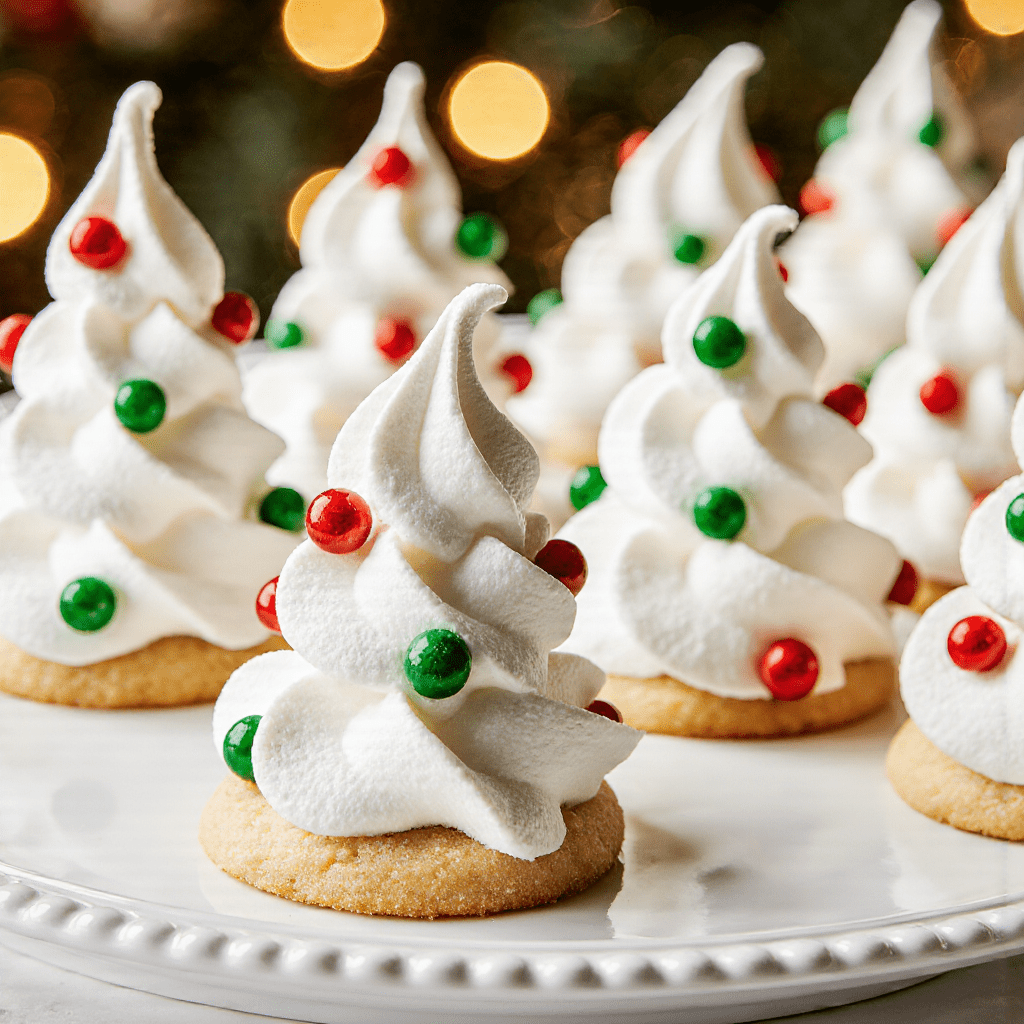 Meringues en forme de sapins décorés de perles sucrées blanches et rouges sur une plaque de cuisson.