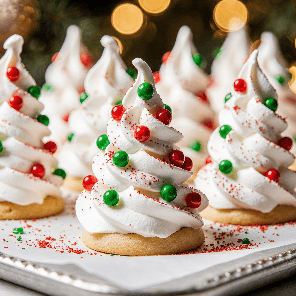 Meringues en forme de sapins décorés de perles sucrées blanches et rouges sur une plaque de cuisson.