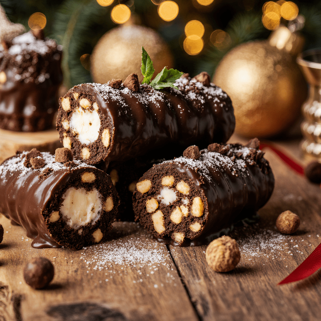 Mini bûchettes au chocolat et spéculoos décorées de cacao et noisettes sur assiette festive.