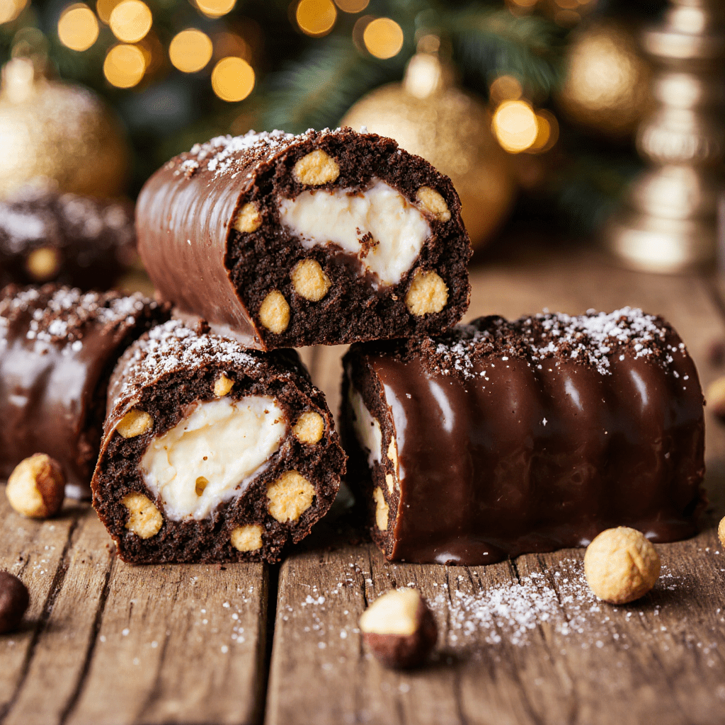 Mini bûchettes au chocolat et spéculoos décorées de cacao et noisettes sur assiette festive.