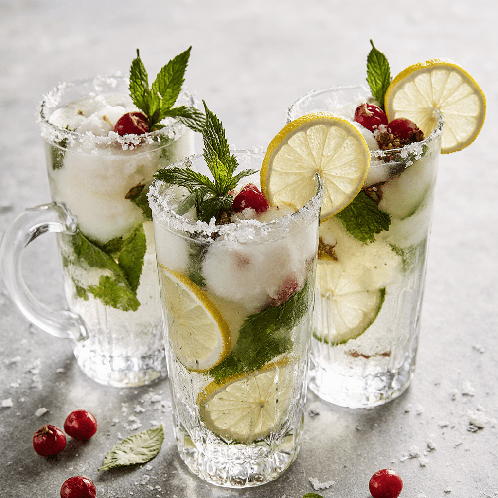Verres de mojito coco de Noël décorés de noix de coco et grenade sur table festive.