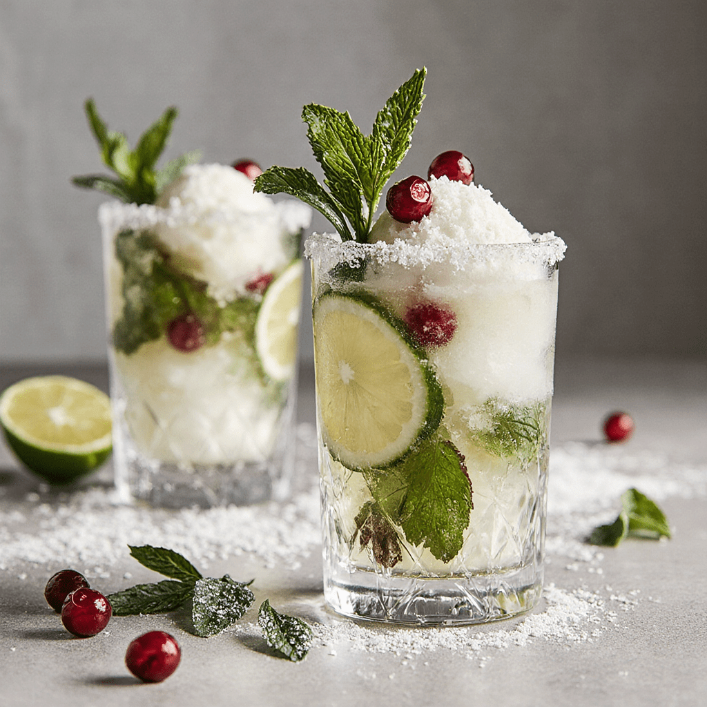Verres de mojito coco de Noël décorés de noix de coco et grenade sur table festive.