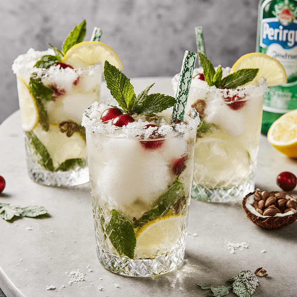 Verres de mojito coco de Noël décorés de noix de coco et grenade sur table festive.