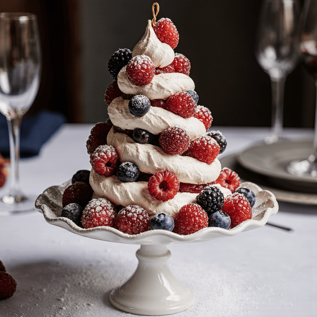 Pavlova montée en étages garnie de crème fouettée et de fruits rouges en forme de sapin de Noël.
