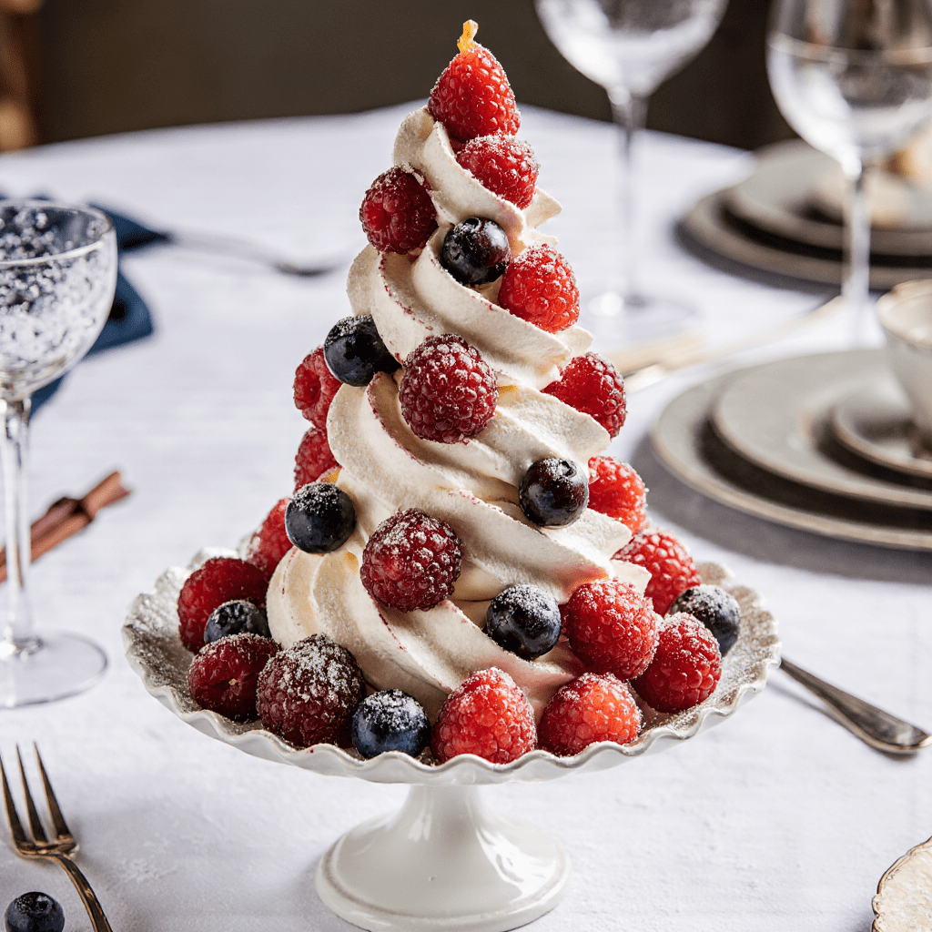 Pavlova montée en étages garnie de crème fouettée et de fruits rouges en forme de sapin de Noël.