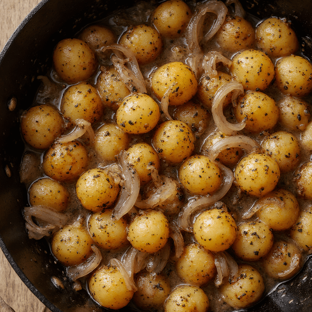 pommes de terre rissolées au beurre avec oignons caramélisés et persil