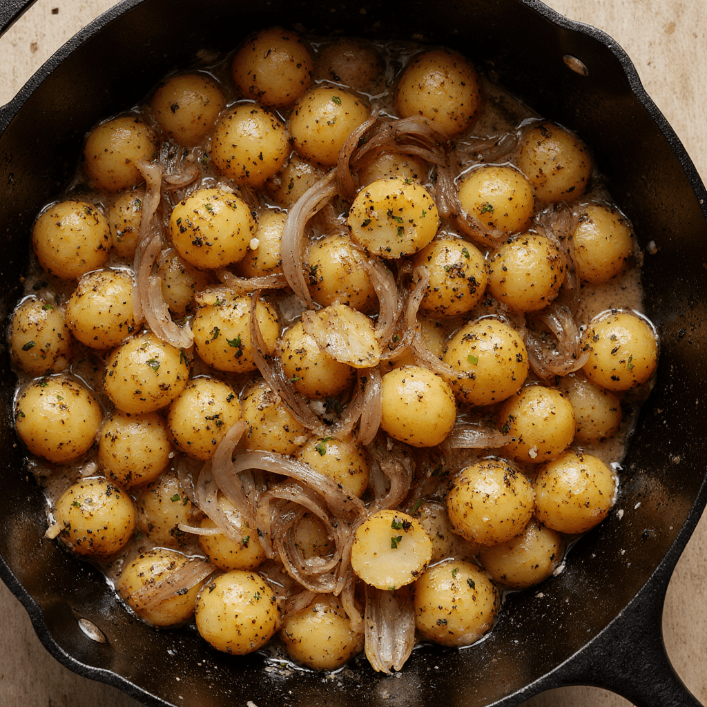 pommes de terre rissolées au beurre avec oignons caramélisés et persil