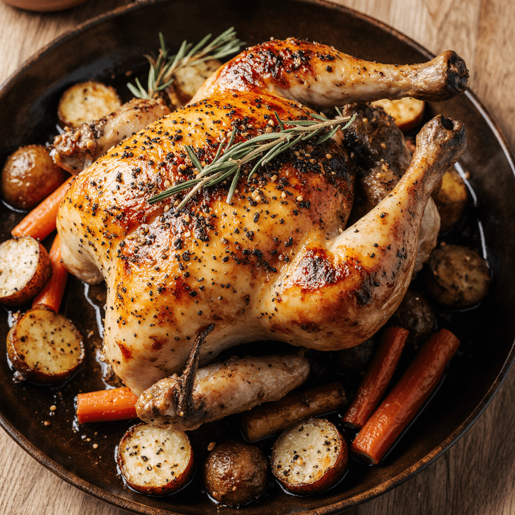 Poulet rôti doré au four entouré de légumes fondants aux herbes.