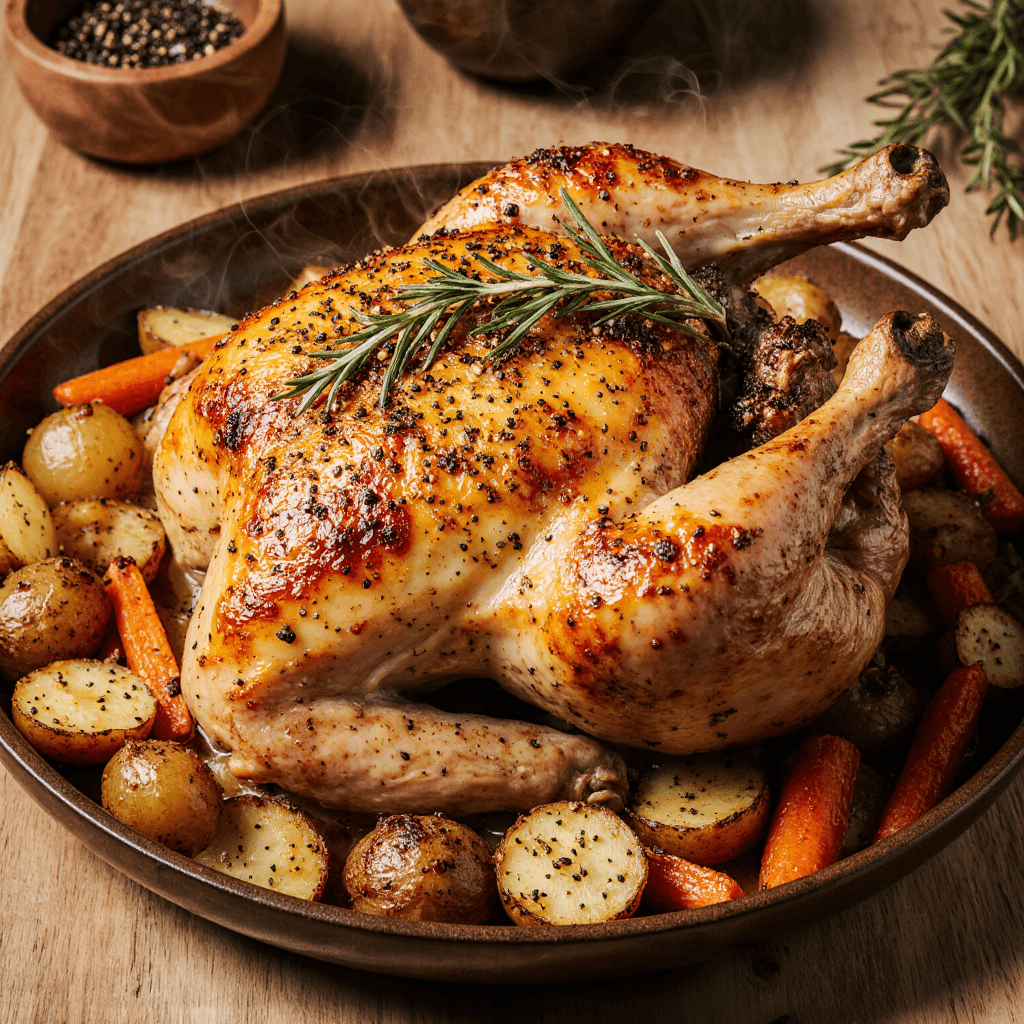 Poulet rôti doré au four entouré de légumes fondants aux herbes.