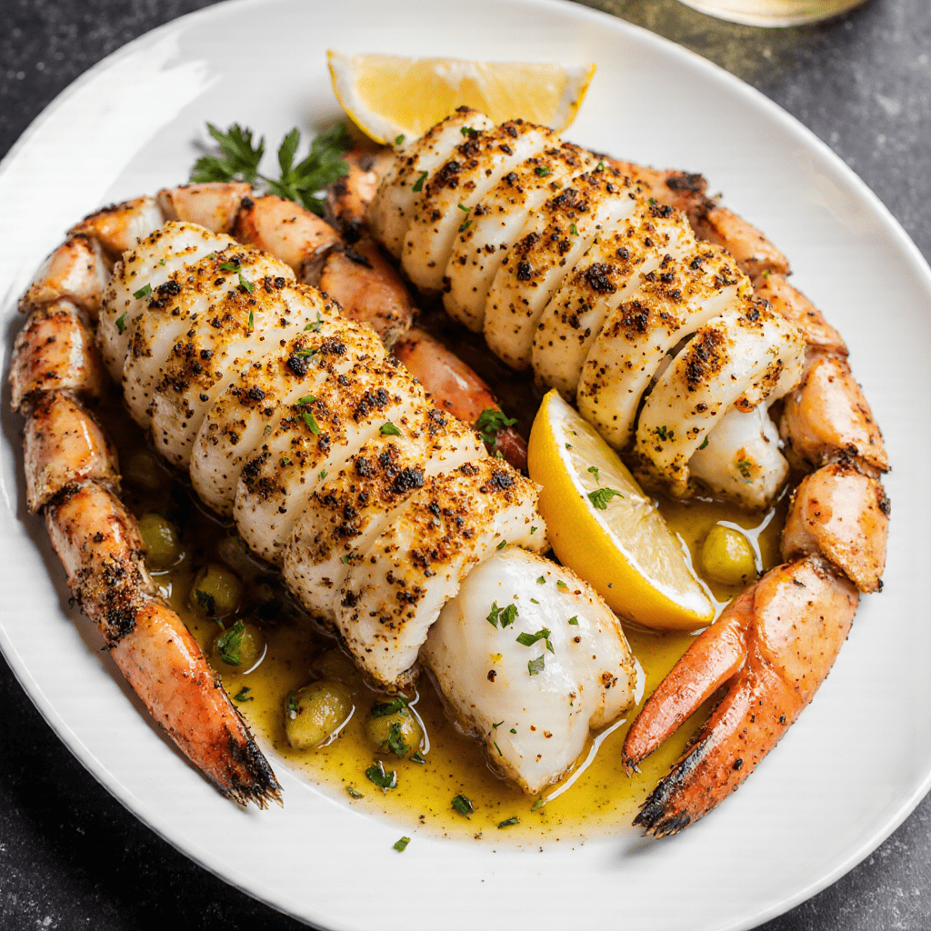 Queue de homard au beurre à l’ail servie avec persil frais sur assiette élégante.