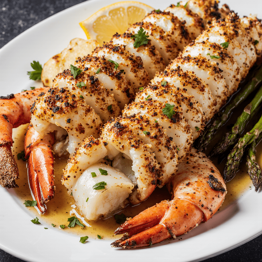 Queue de homard au beurre à l’ail servie avec persil frais sur assiette élégante.