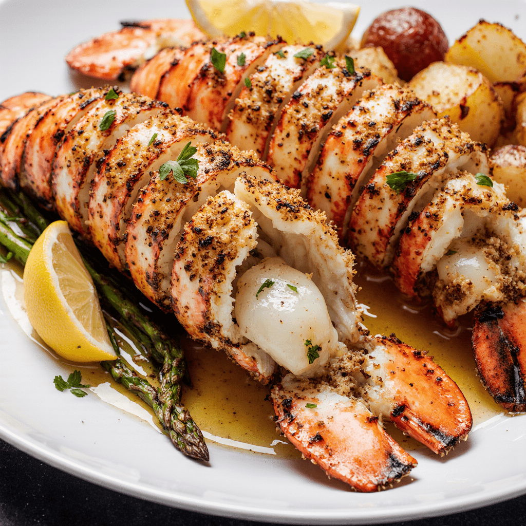 Queue de homard au beurre à l’ail servie avec persil frais sur assiette élégante.