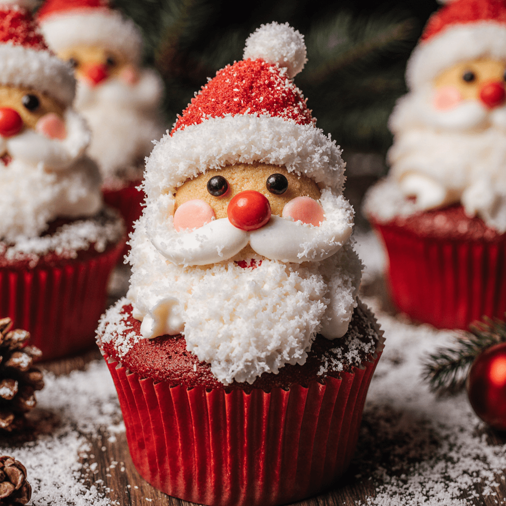 Cupcakes Red Velvet décorés en forme de Père Noël avec glaçage blanc, barbe en coco et chapeau rouge.