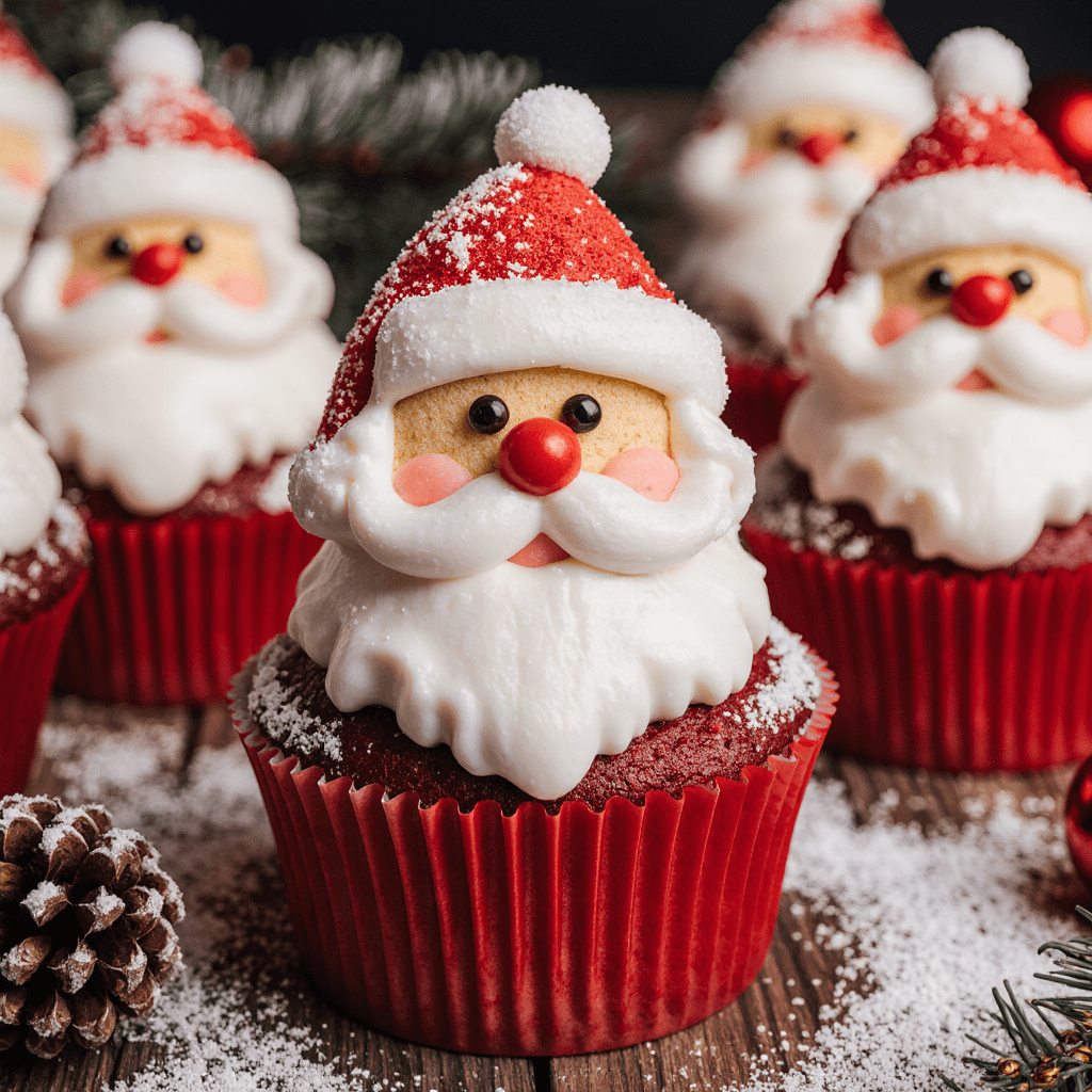 Cupcakes Red Velvet décorés en forme de Père Noël avec glaçage blanc, barbe en coco et chapeau rouge.