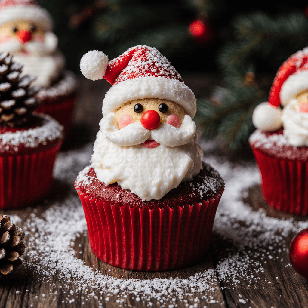 Cupcakes Red Velvet décorés en forme de Père Noël avec glaçage blanc, barbe en coco et chapeau rouge.