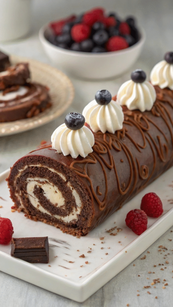 Roulé chocolat chantilly tranché, montrant une spirale de biscuit au cacao et de chantilly blanche, posé sur un plat de service avec saupoudrage de cacao.