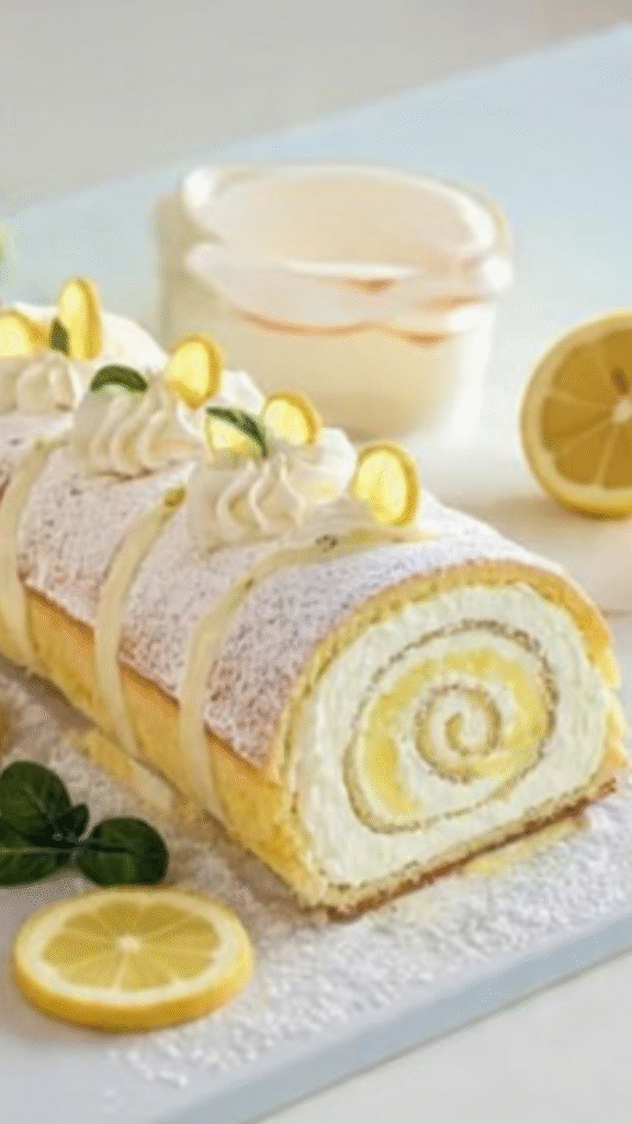 Bûche citron mascarpone roulée, décorée de zestes de citron et crème au mascarpone