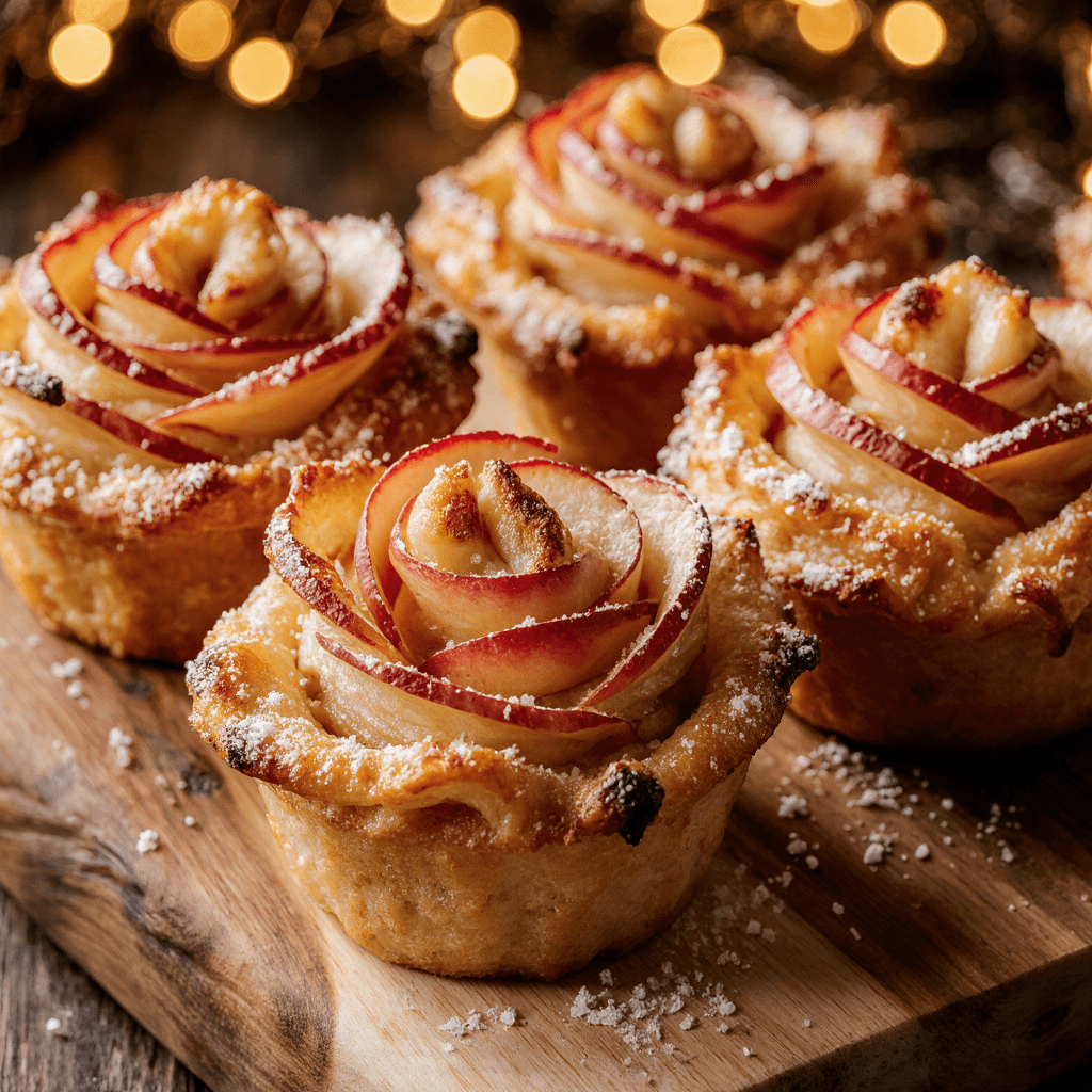 Roses feuilletées aux pommes dorées et saupoudrées de sucre glace sur assiette.