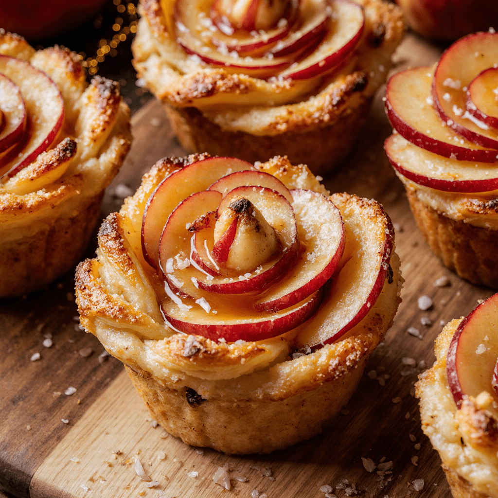 Roses feuilletées aux pommes dorées et saupoudrées de sucre glace sur assiette.
