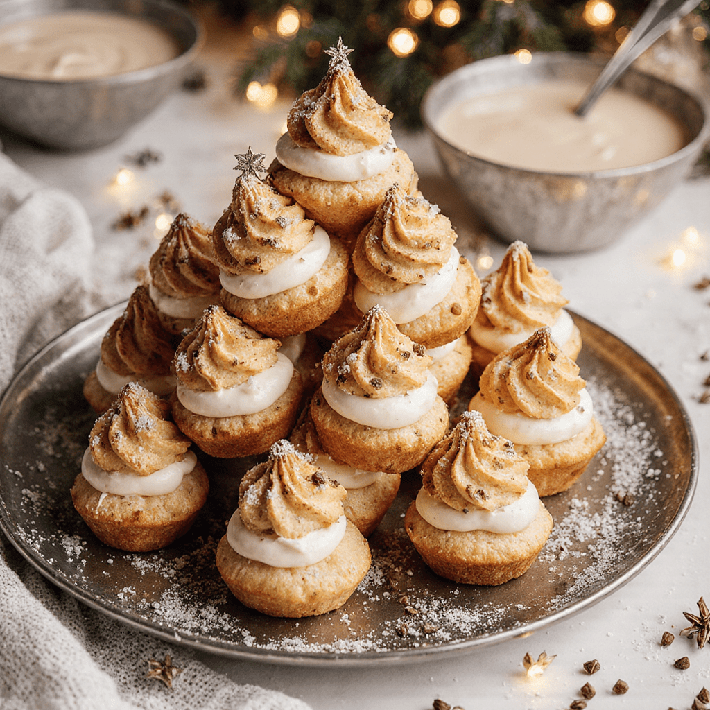 Sapin de Noël composé de choux garnis et superposés en pyramide, nappé de chocolat et saupoudré de sucre glace.