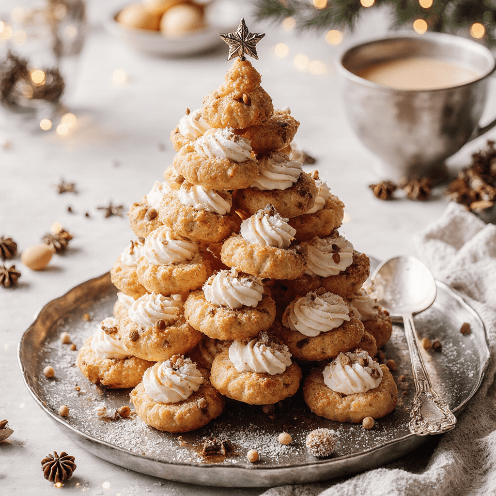 Sapin de Noël composé de choux garnis et superposés en pyramide, nappé de chocolat et saupoudré de sucre glace.