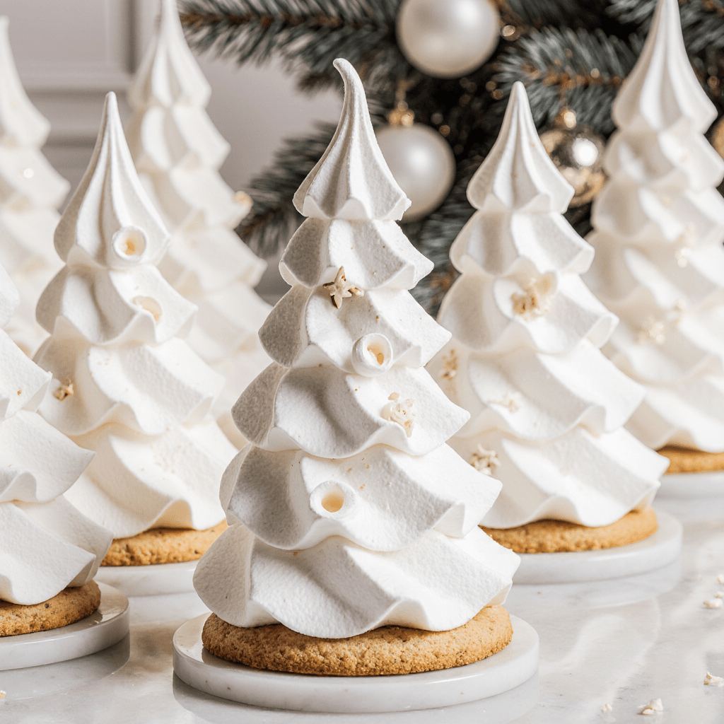 Sapins de meringue blancs dressés sur biscuits, décorés pour Noël.