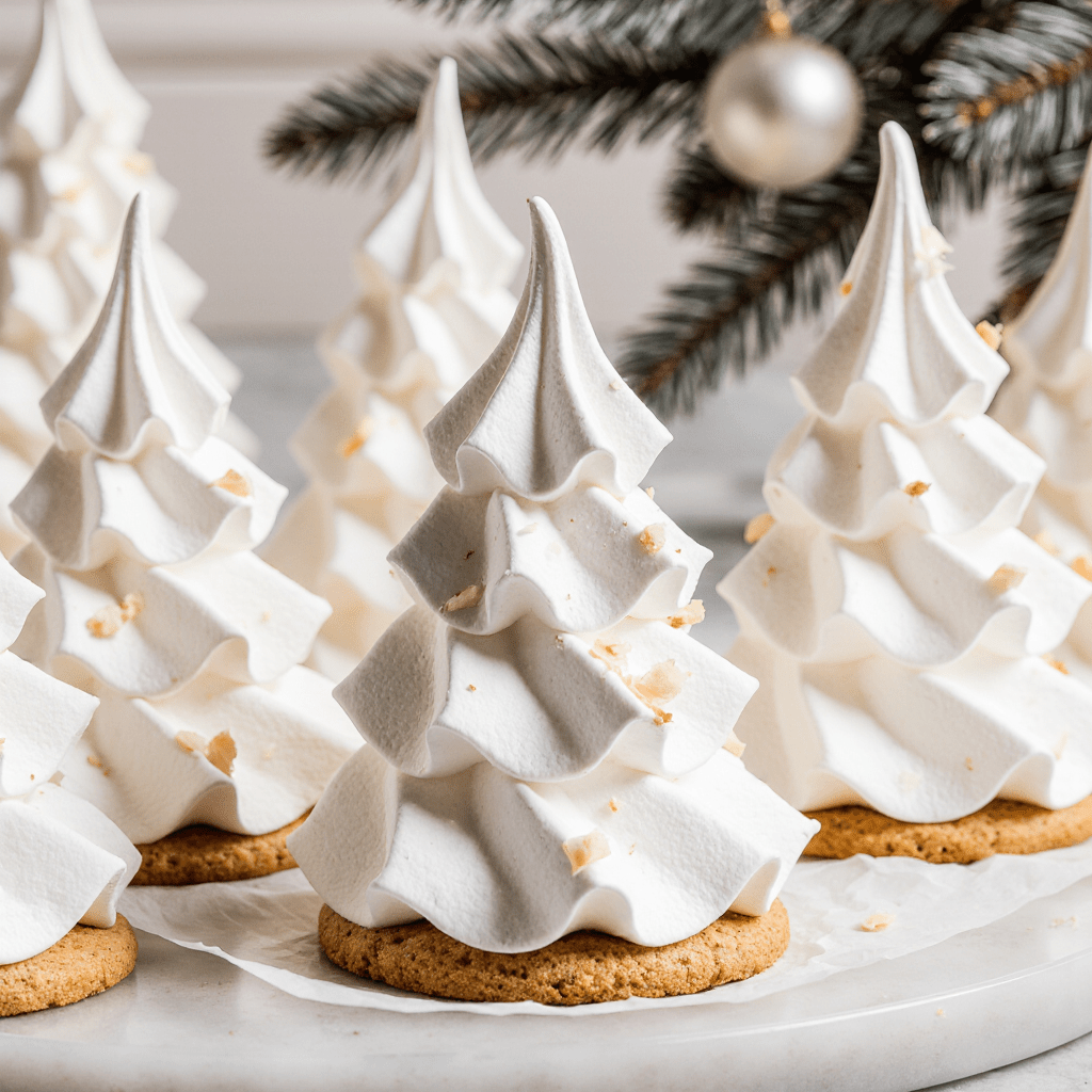 Sapins de meringue blancs dressés sur biscuits, décorés pour Noël.