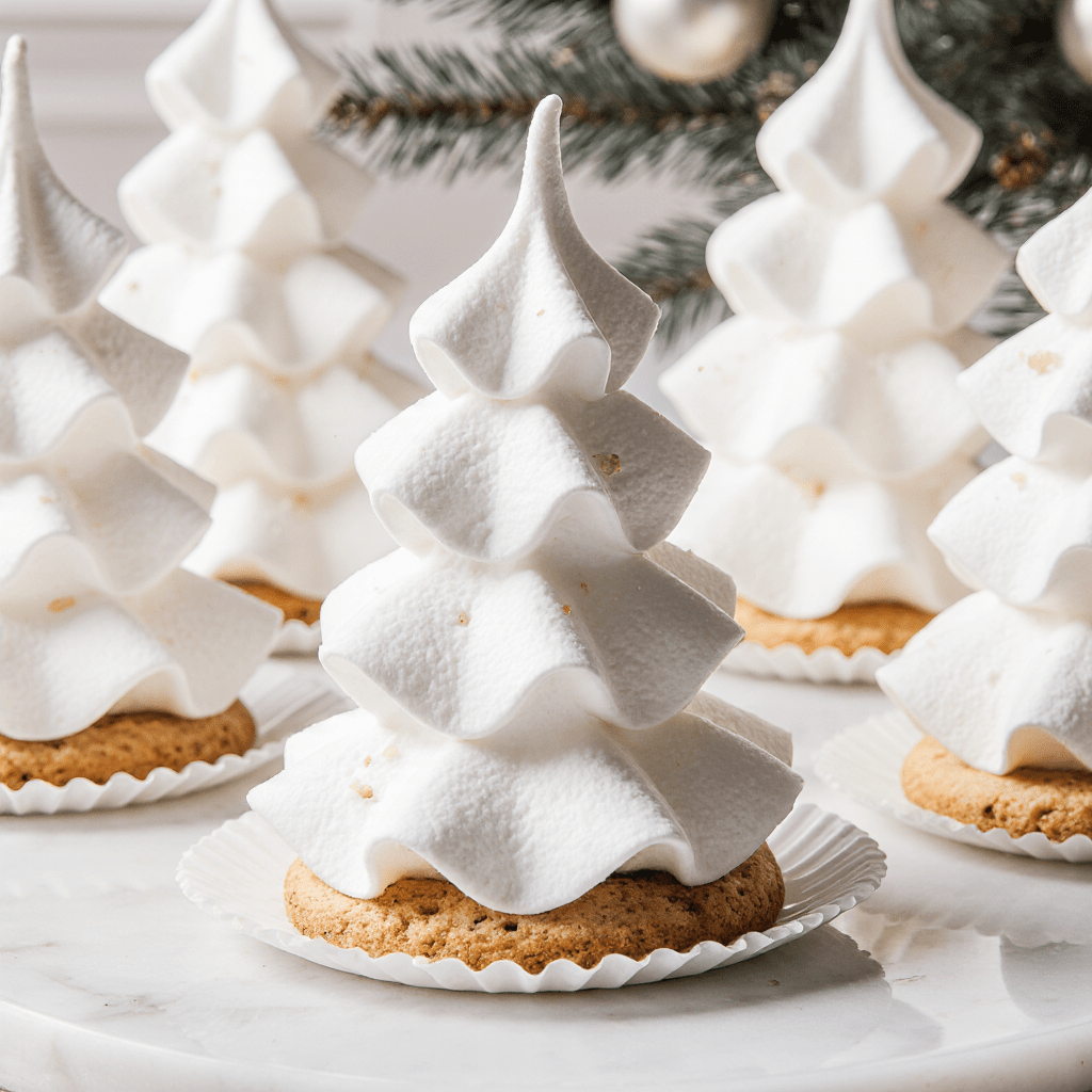 Sapins de meringue blancs dressés sur biscuits, décorés pour Noël.