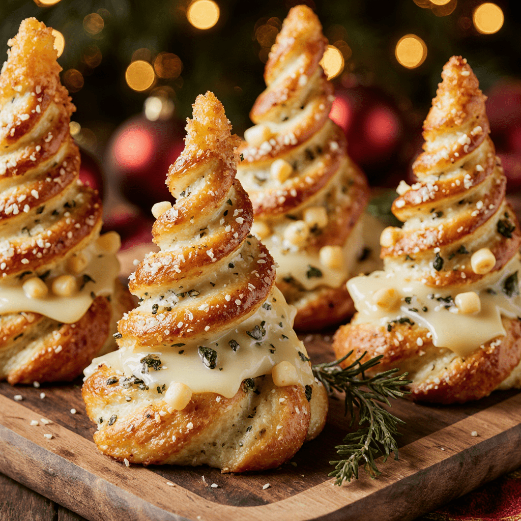Sapins de Noël feuilletés au fromage dorés au four, présentés pour l’apéritif.