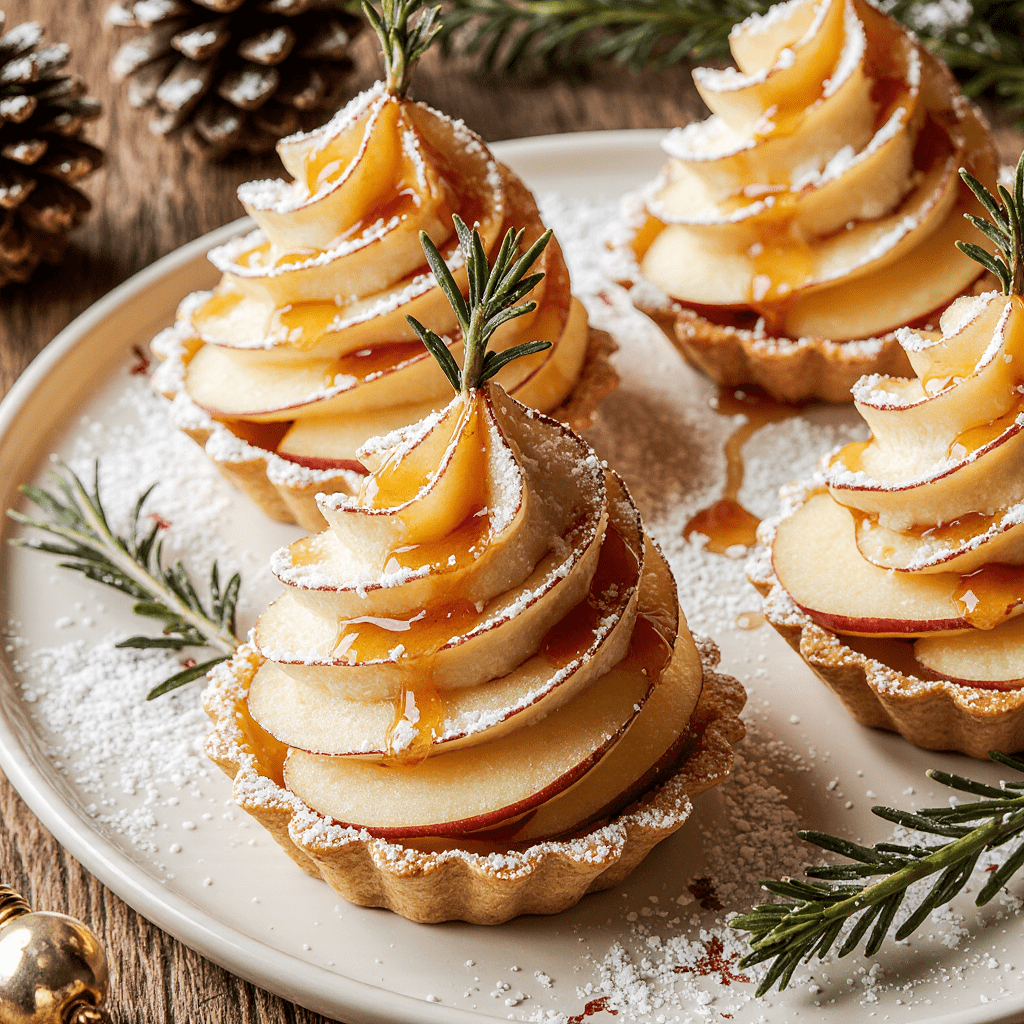 Tartelettes feuilletées de Noël garnies de pommes, brie fondant et caramel sur assiette décorée de romarin.