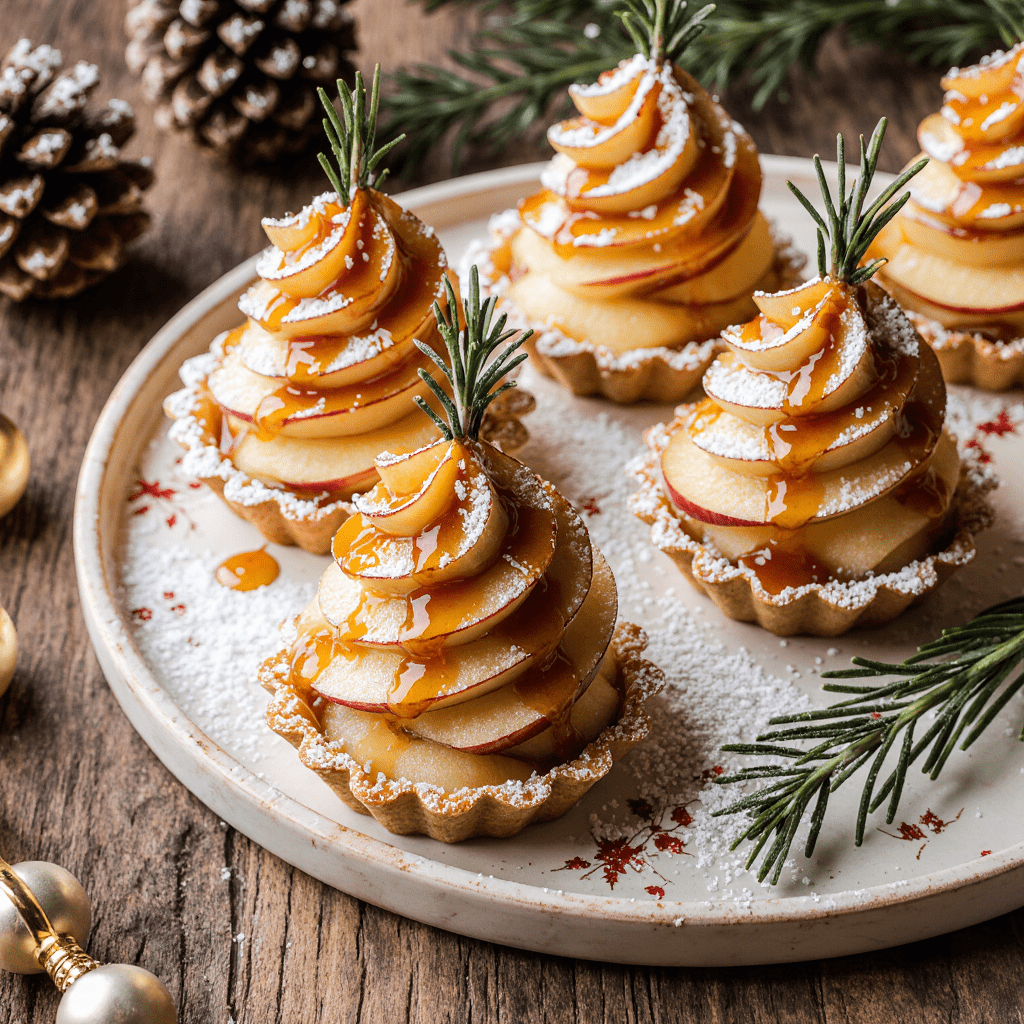 Tartelettes feuilletées de Noël garnies de pommes, brie fondant et caramel sur assiette décorée de romarin.