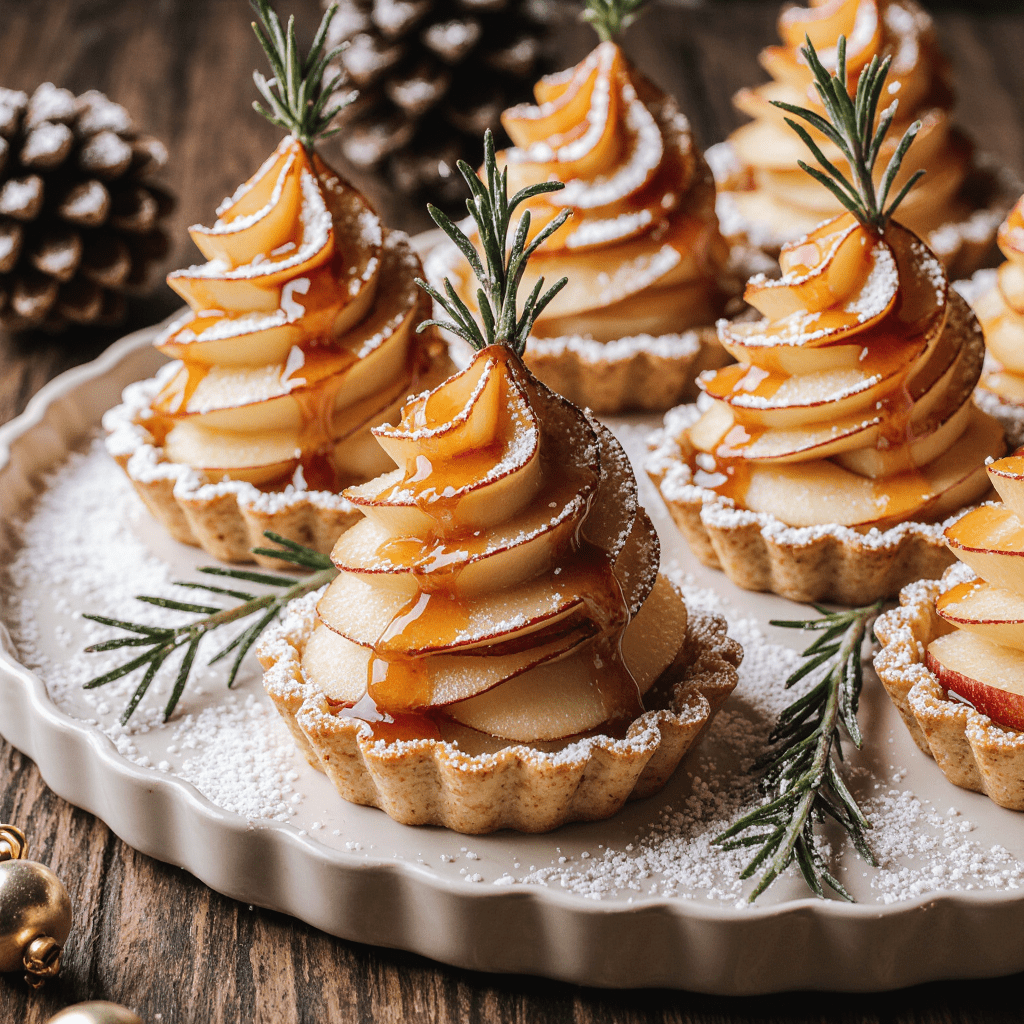 Tartelettes feuilletées de Noël garnies de pommes, brie fondant et caramel sur assiette décorée de romarin.
