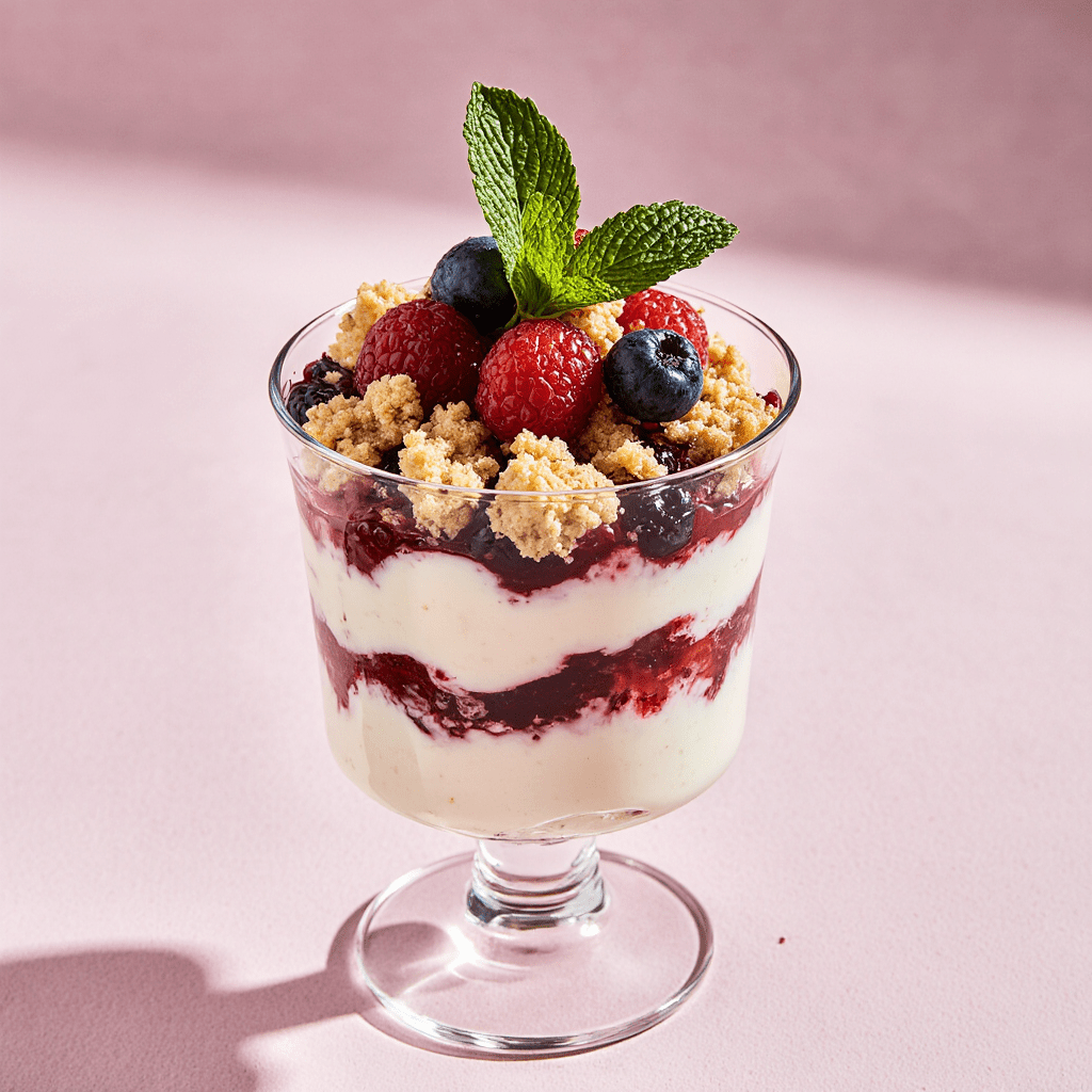 Verrines de crumble fruits rouges et mascarpone avec couches gourmandes et décoration menthe.