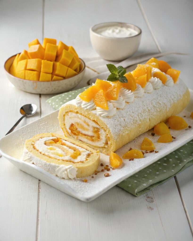 Roulé mangue mascarpone tranché, montrant une spirale de biscuit doré et de crème à la mangue, décoré de morceaux de mangue fraîche sur un plat de service.