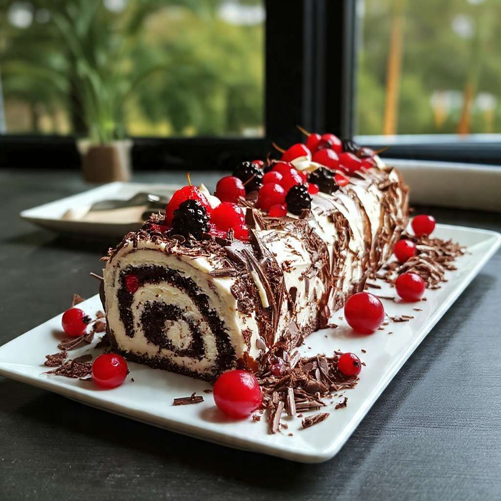 Gâteau roulé Forêt-Noire décoré de copeaux de chocolat et de cerises, tranché en parts sur un plat de service pour un dessert de fête élégant.