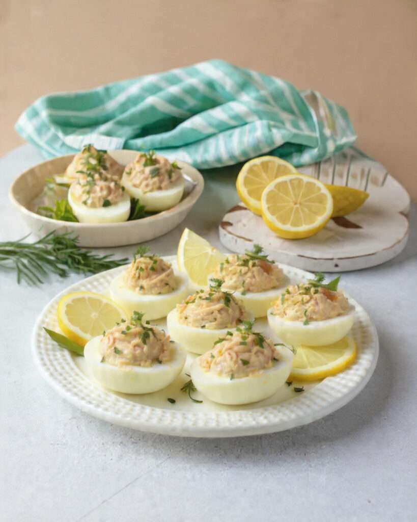 Œufs farcis au thon citron garnis d’une mousse onctueuse et décorés de zeste de citron