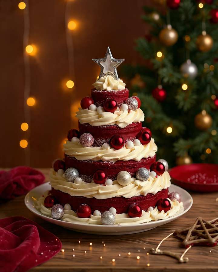 Sapin de Noël Red Velvet à la crème fromage décoré de perles en sucre et étoile dorée