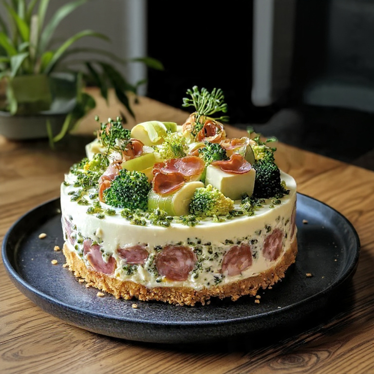 Cheesecake salé brocoli fromage jambon cru décoré de fleurettes et herbes fraîches