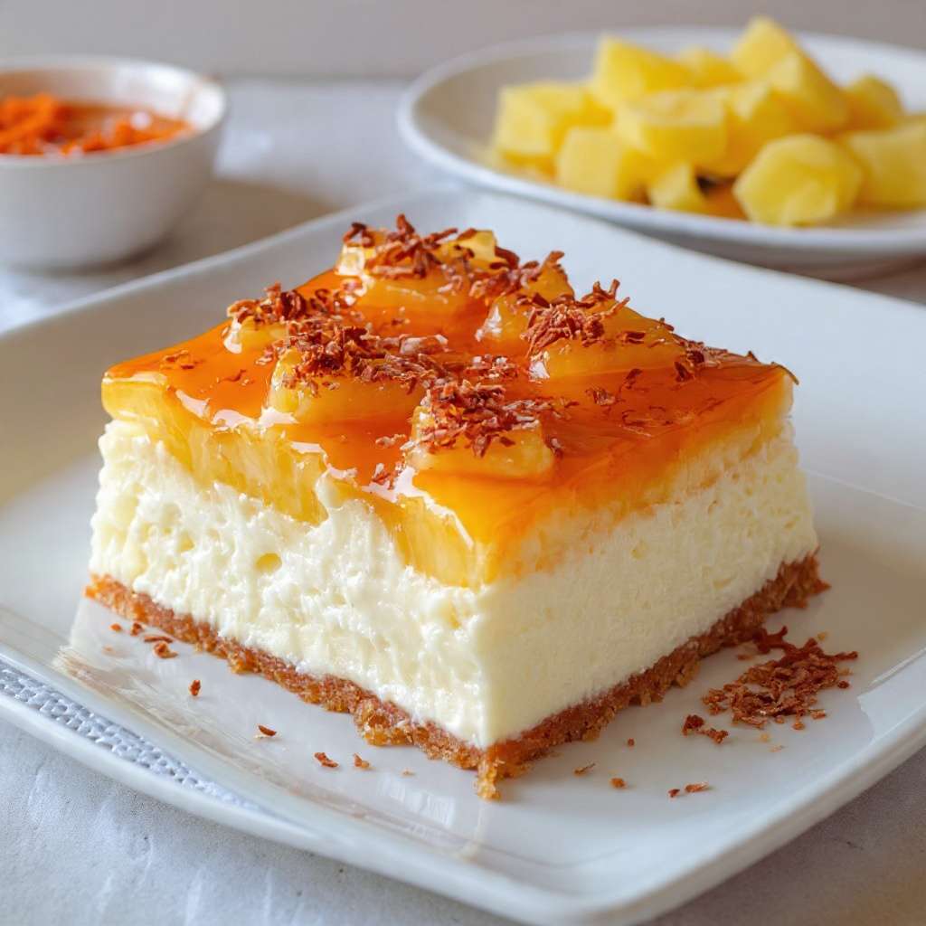 Cheesecake à l’ananas caramélisé avec base biscuitée et topping doré