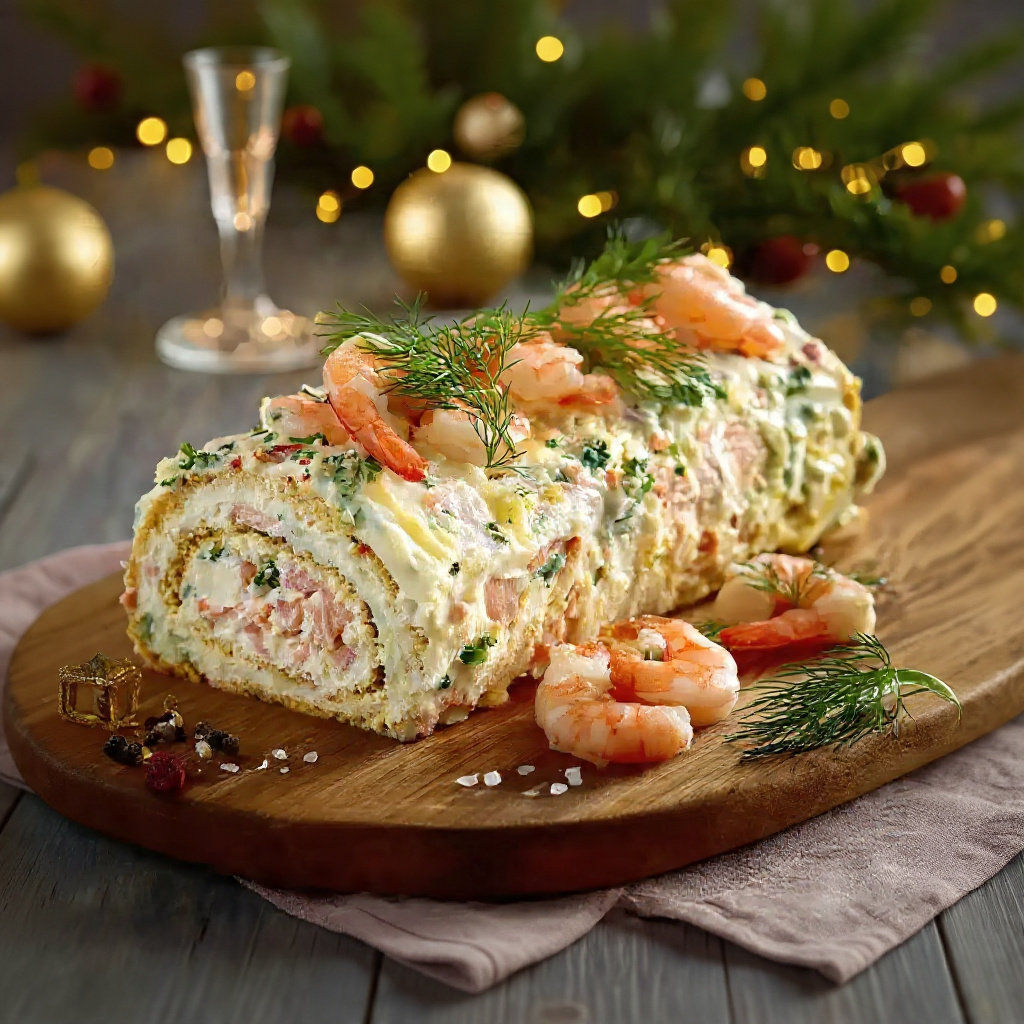 Bûche salée aux saveurs de la mer garnie de crevettes, saumon fumé et aneth frais