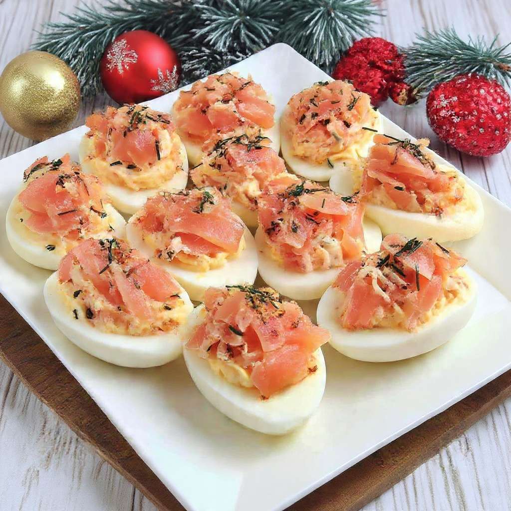 Œufs mimosa au saumon fumé garnis de crème onctueuse et herbes fraîches