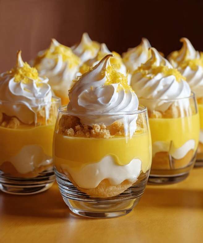 Verrines tarte au citron meringuée avec crème citron onctueuse, base biscuitée et meringue dorée