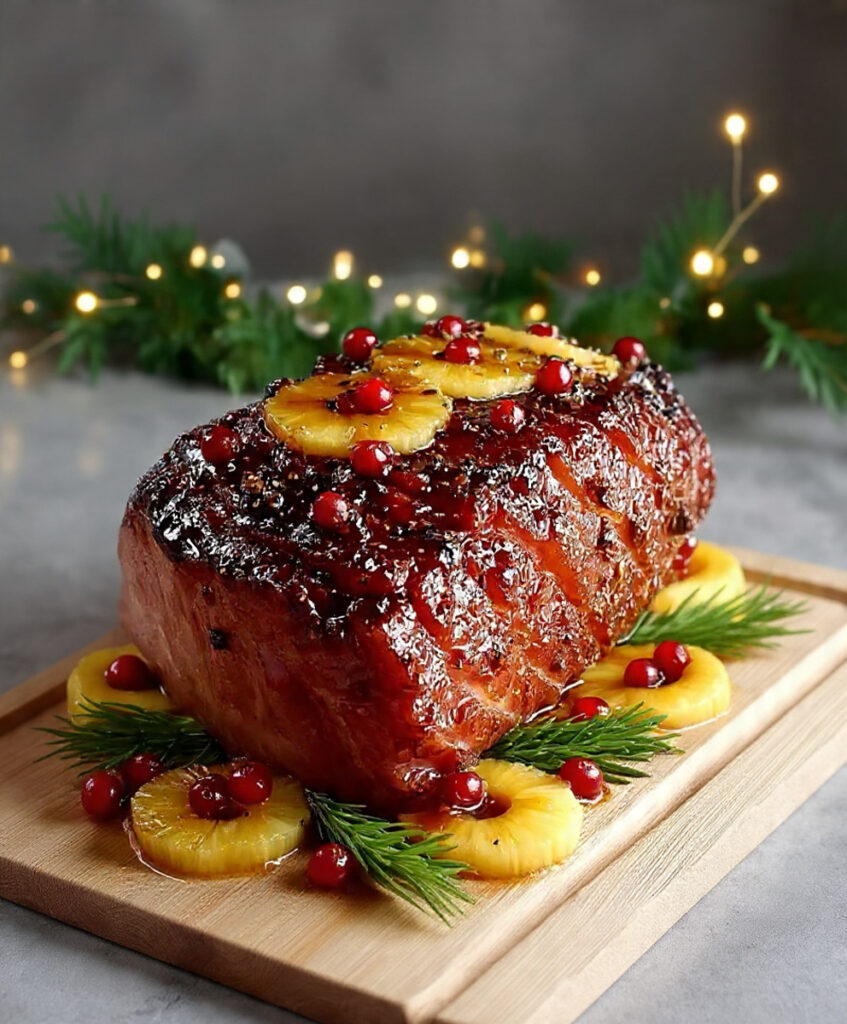 Rôti de jambon glacé à l’ananas et cranberries nappé de glaçage caramélisé