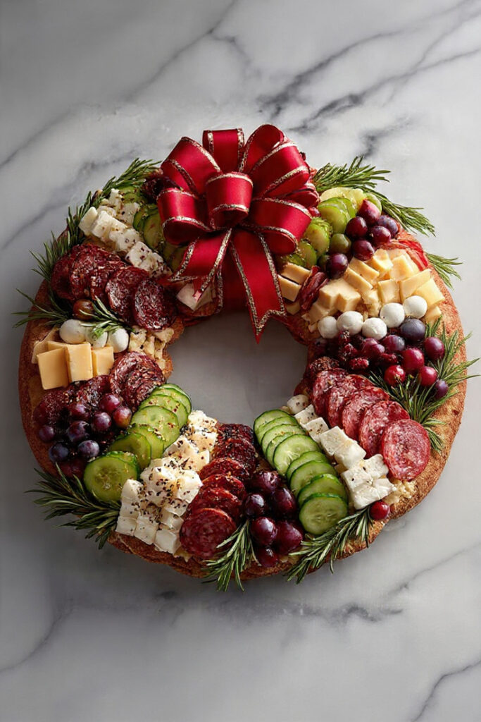 Couronne apéritive de Noël composée de fromages, charcuterie, raisins et romarin