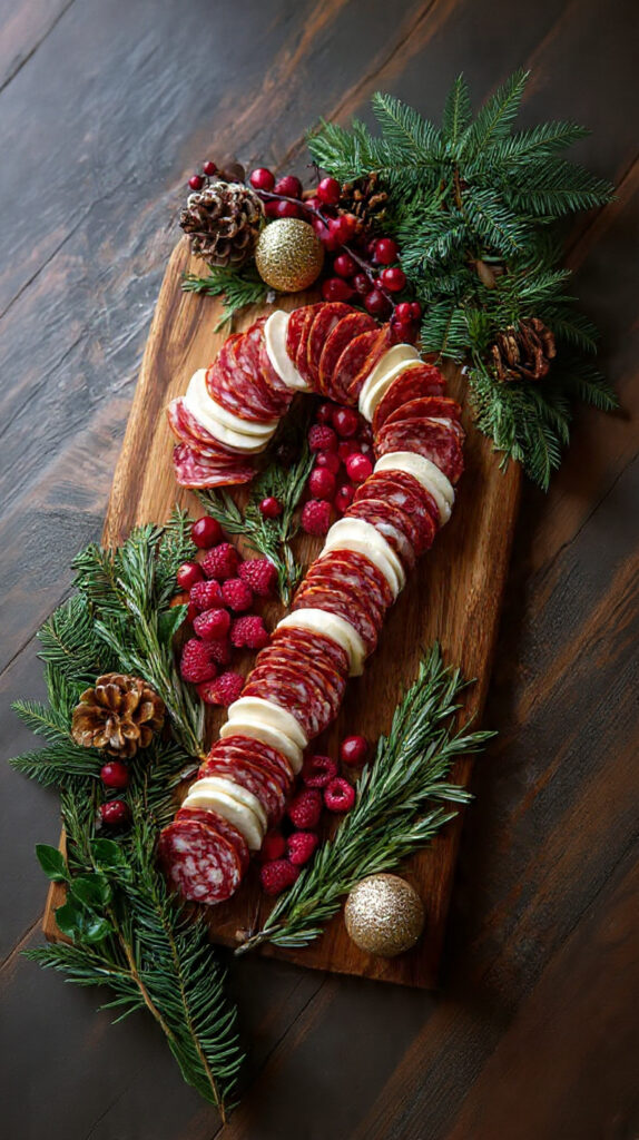 Canne de Noël apéritive composée de charcuterie, fromage, fruits rouges et romarin