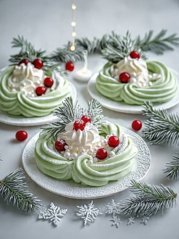 Couronne de pavlova de Noël à la crème verte décorée de cranberries et romarin