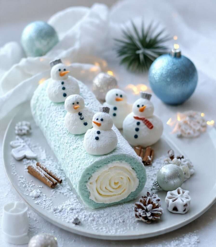 Bûche roulée bonhommes de neige à la vanille décorée de sucre glace effet neige
