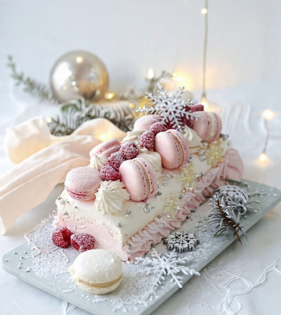 Bûche de Noël rose framboise décorée de macarons roses et framboises fraîches