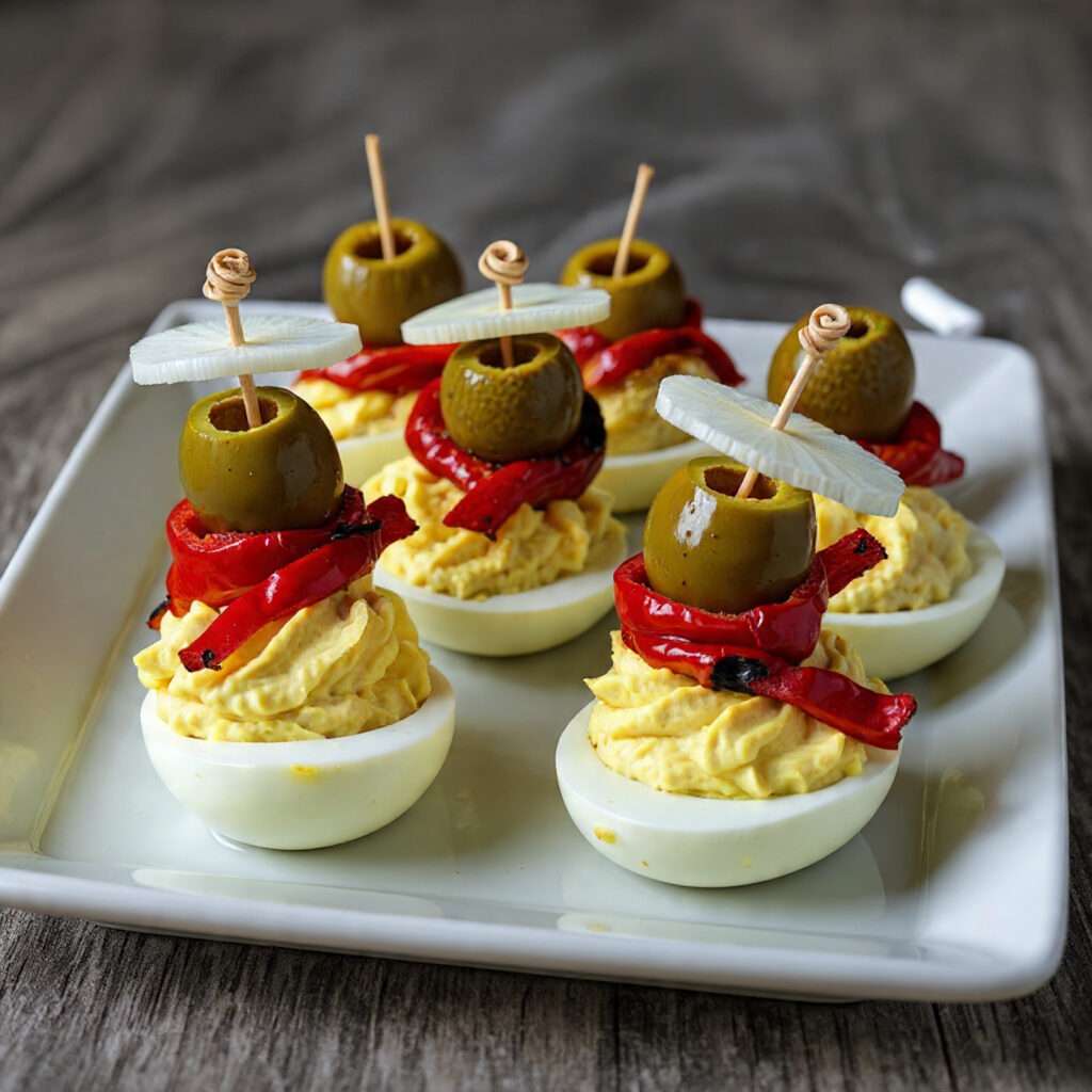 Œufs farcis méditerranéens décorés avec olives, poivrons rôtis et rondelles de radis sur un plateau de service